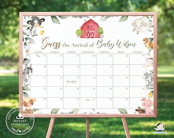 May include: A printable baby shower game with a farm theme. The game is a calendar with a red barn and farm animals. The text on the calendar says "Guess the Arrival of Baby Wilson".