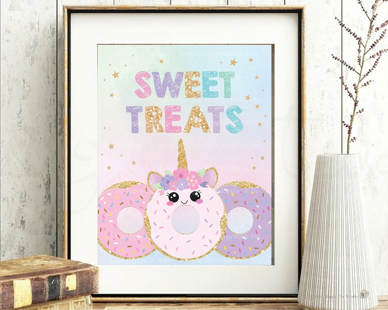 Unicorn Donut Sweet Treats Sign, Sweet Treats Poster, Sweet Treats Baby Shower Sign, Sweet Treats Favor Birthday Sign, Donut Decor Printable image 1