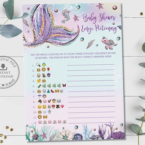 Baby Shower Emoji Pictionary Game, INSTANT DOWNLOAD, Mermaid Tail Under the Sea Guess Children's Books Card Activity, Diy PDF Printable, MT2