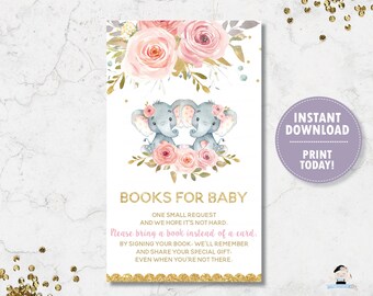 Bring a Book Instead of a Card, Elephant Twins Baby Shower Books for Baby Insert, Blush Floral Elephant Twin Girls, INSTANT DOWNLOAD, PK2