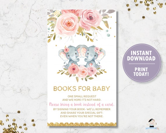 Bring a Book Instead of a Card, Elephant Twins Baby Shower Books for Baby Insert, Blush Floral Elephant Twin Girls, INSTANT DOWNLOAD, PK2 Il_570xn