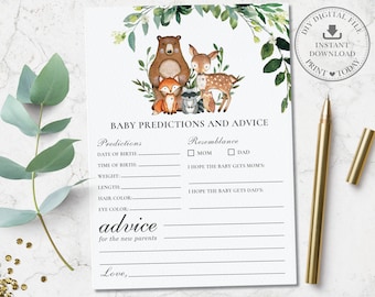 Babyförutsägelser och rådskort, DIREKT NEDLADDNING, Rustik grönska skogsdjur babyshower-lekaktivitet, DIY PDF utskrivbar, WG7