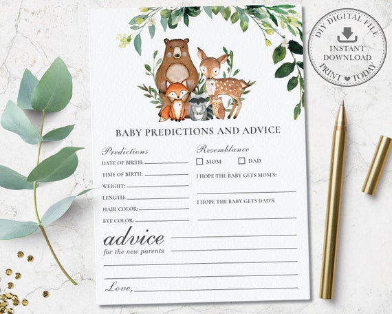 Baby Predictions and Advice Card, INSTANT DOWNLOAD, Rustic Greenery Woodland Animals Baby Shower Game Activity, Diy PDF Printable, WG7 Il_570xn