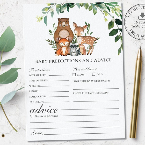 Baby Predictions and Advice Card, INSTANT DOWNLOAD, Rustic Greenery Woodland Animals Baby Shower Game Activity, Diy PDF Printable, WG7