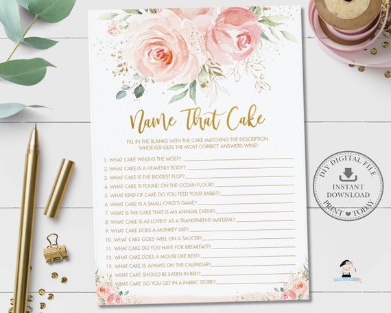Name That Cake Bridal Shower Game, INSTANT DOWNLOAD, Chic Blush Pink Floral Flower Gold Fun Cake Guessing Activity, Diy PDF Printable, PK5 Il_570xn