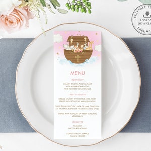Arche Noah Menü Printable, EDITIERBARE VORLAGE, Chic Noahs Niedliche Zwillinge Tiere Taufe Rosa Mädchen Baby Shower Geburtstag SOFORTIGER Download Pdf NA2