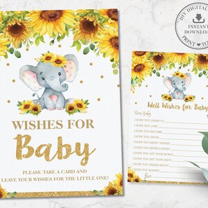 Bien deseos para el bebé signo y tarjeta, descarga instantánea, rústico Chic floral elefante elefante bebé ducha actividad Diy PDF imprimible, EP8