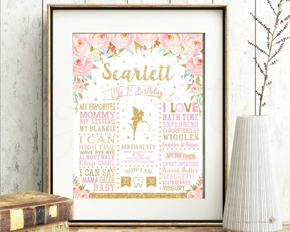 Fairy 1st Birthday Milestones Sign, Pink Floral, Fairy Printable, Fairy Birth Stats, First One Year Poster, Nursery Decor, Gold Glitter, FF1 Il_570xn