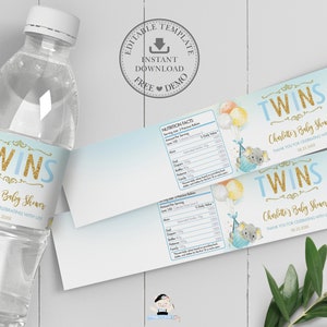 Twin Boys Elephant Water Bottle Labels, EDITABLE TEMPLATE, INSTANT Download, Wrapper Stickers, Cute Twins Baby Shower Favors Printable, EP3 image 1