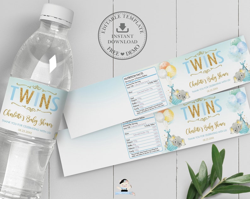 Twin Boys Elephant Water Bottle Labels, EDITABLE TEMPLATE, INSTANT Download, Wrapper Stickers, Cute Twins Baby Shower Favors Printable, EP3 image 1
