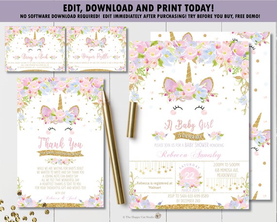 EDITABLE TEMPLATE Unicorn Baby Shower Invitation Bundle Set, Diaper Raffle, Bring a Book, Thank You, Chic, Floral, Unicorn Printable, UB2 Il_570xn