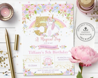 Unicorn 5th Birthday Invitation EDITABLE TEMPLATE, Cute Unicorn Pink Floral Gold Glitter Fifth Five Party Invite Pdf, INSTANT Download, UB3