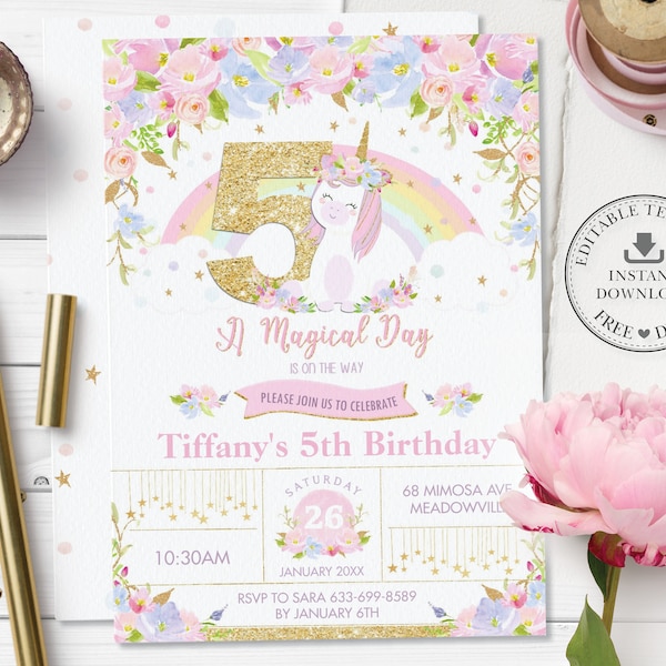 Unicorn 5th Birthday Invitation EDITABLE TEMPLATE, Cute Unicorn Pink Floral Gold Glitter Fifth Five Party Invite Pdf, INSTANT Download, UB3