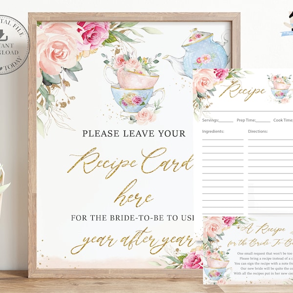 Bring Recipe for Bride Request Cards Sign Bridal Shower Vintage Tea Cups Teapot Pink Blush Floral High Tea Printable INSTANT DOWNLOAD TP5
