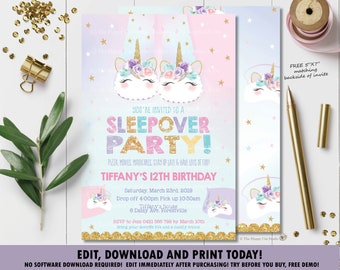 Unicorn Sleepover Invitation,  Unicorn Slumber Party Invite, Pajama Party Printable, Cute Unicorn Slippers, Digital EDITABLE TEMPLATE US1