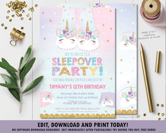 Unicorn Sleepover Invitation, Unicorn Slumber Party Invite, Pajama Party Printable, Cute Unicorn Slippers, Digital EDITABLE TEMPLATE US1 Il_570xn