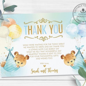 Twins Baby Bears Baby Shower Thank You, INSTANT Download, Whimsical Cute Teddy Bear Twin Boys Blue Balloons, Diy Pdf EDITABLE TEMPLATE, TB5