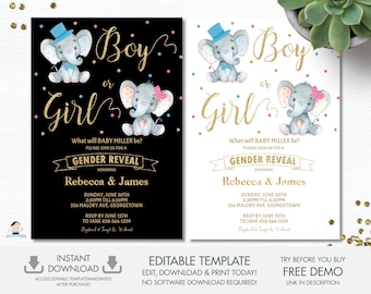 MODÈLE MODIFIABLE Genre Révéler Invitation, Garçon ou Fille Éléphant Genre Surprise Fête Inviter, Éléphant Rose Bleu Imprimable, Baby Shower GR4