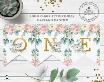 Floral Koala Greenery 1st Birthday High Chair Banner, One Garland Bunting Decor Sign, Australian Animals Printable Pdf, INSTANT DOWNLOAD AU2