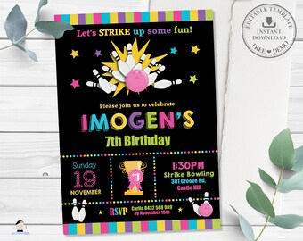 Bowling Birthday Party Invitation, EDITABLE TEMPLATE, Strike Ten Pin Bowling, Neon Pink Photo Invite Printable, Digital Printable File, BW1