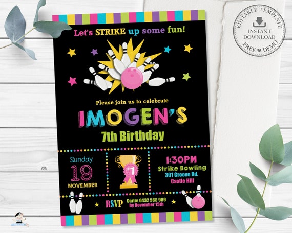 Bowling Birthday Party Invitation, EDITABLE TEMPLATE, Strike Ten Pin Bowling, Neon Pink Photo Invite Printable, Digital Printable File, BW1 Il_570xn