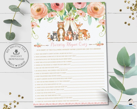 røveri Adskillelse Ung Nursery Rhyme Quiz, INSTANT DOWNLOAD, Guess Song Rustic Woodland Animals  Tribal Floral Baby Shower Game Card Activity Diy PDF Printable, WG5 by The  Happy Cat Studio | Catch My Party