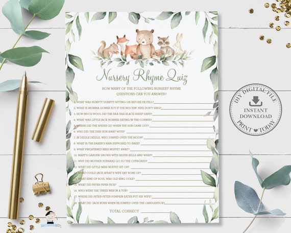 Nursery Rhyme Quiz, INSTANT DOWNLOAD, Bear Woodland Animals Boy Girl Greenery Baby Shower Guess Game Card Activity Diy PDF Printable, WG12 Il_570xn