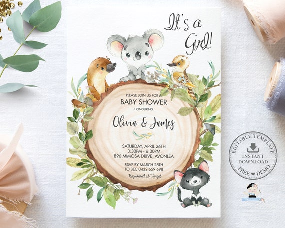 Australian Animals Baby Shower Invitation, EDITABLE TEMPLATE, Cute Koala  Kookaburra Boy Girl Neutral Sprinkle Greenery Invite Printable, AU1 