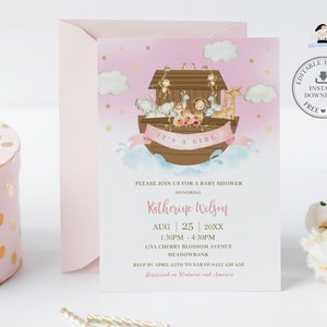 Noah&#39;s Ark Baby Shower Invitation, EDITABLE TEMPLATE, Chic Girl Pink Noahs Ark Cute Animals Diy Invite Printable Pdf, INSTANT Download, NA2