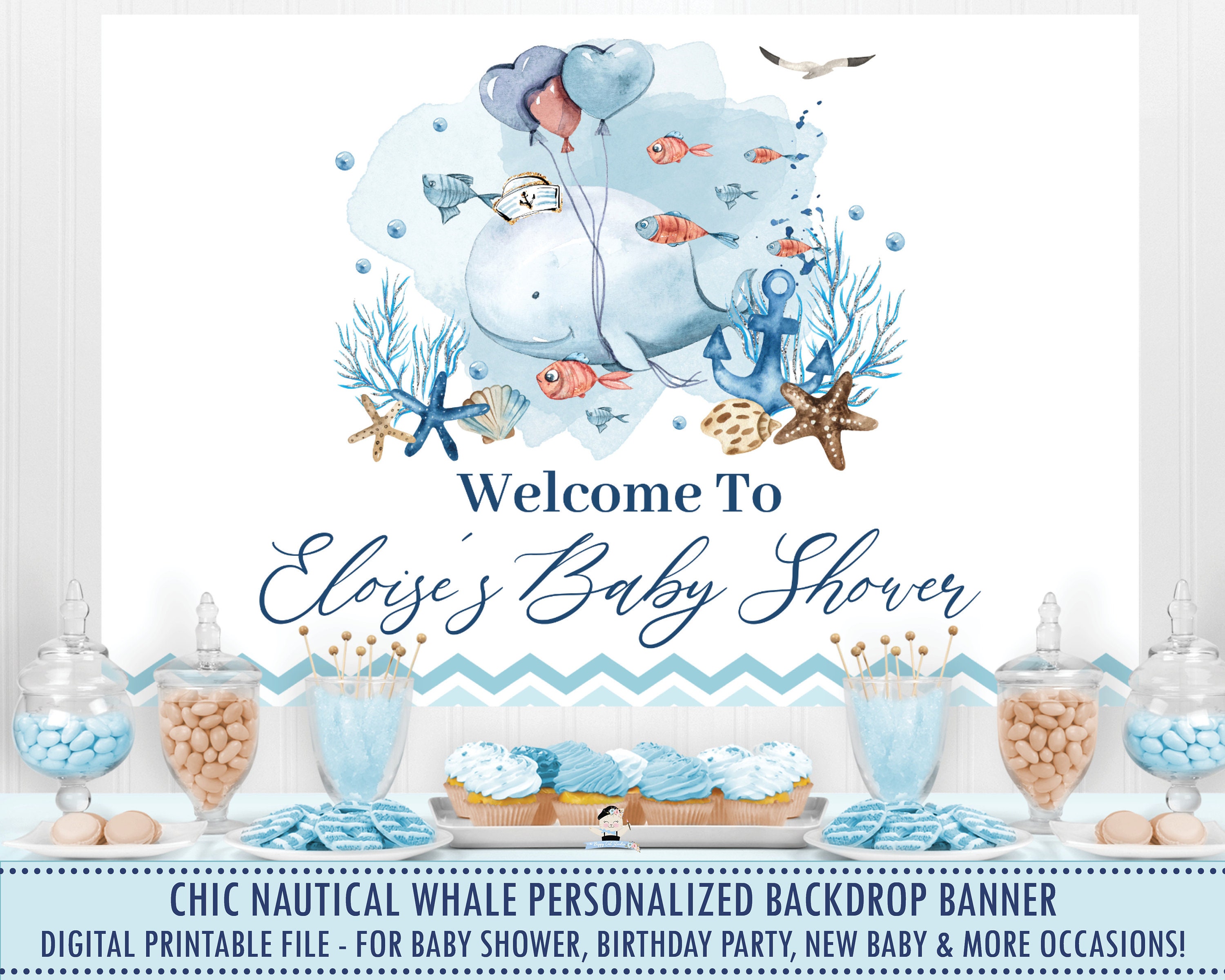 Nautical Whale Backdrop Banner, Under the Sea Ahoy It's a Boy Baby ...