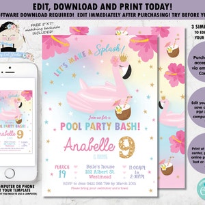 EDITABLE TEMPLATE Flamingo Pool Party Invitation, Flamingo Printable, Tropical, Hibiscus, Pink Flamingo floatie Girl Pool Birthday Bash, FP1 image 2