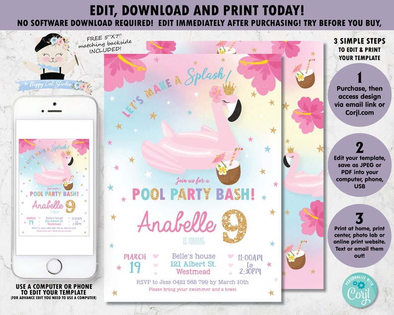 EDITABLE TEMPLATE Flamingo Pool Party Invitation, Flamingo Printable, Tropical, Hibiscus, Pink Flamingo floatie Girl Pool Birthday Bash, FP1 image 2