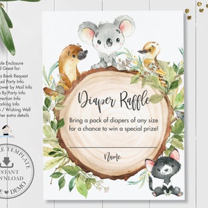 BEWERKBARE SJABLOON, Australische dieren luierloterij Breng een boekinvoegsel, Koala Baby Douche Verjaardag Extra Info Kaart Afdrukbaar, INSTANT AU1