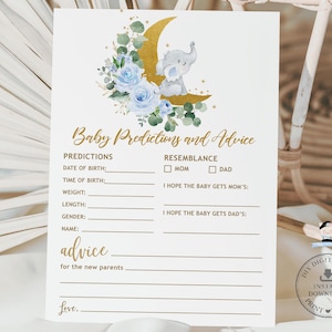 Carte de prédictions et de conseils pour bébé, TÉLÉCHARGEMENT IMMÉDIAT, Éléphant mignon sur la lune, jeu de baby shower floral bleu, activités fichiers imprimables EP19