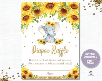 Diaper Raffle, INSTANT DOWNLOAD, Sunflower Elephant Baby Shower Diaper Raffle Ticket Insert Card, Sunflower Floral, Elephant Printable, EP8