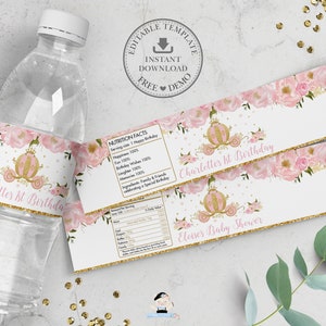 Étiquettes de bouteille d’eau Princess Carriage, MODÈLE MODIFIABLE, Faveurs d’emballage d’autocollants, Blush Pink Floral Imprimable, Baby Shower 1er anniversaire, PU2