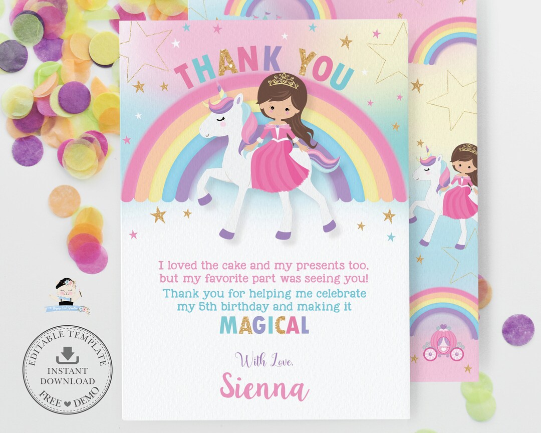 EDITABLE TEMPLATE Princess and Unicorn Birthday Party Thank You Card ...