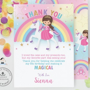 BEWERKBARE SJABLOON Prinses en Eenhoorn verjaardagsfeestje Bedankkaart Schattig bruin haar Brunette Rainbow Afdrukbaar digitaal downloadbestand PU1
