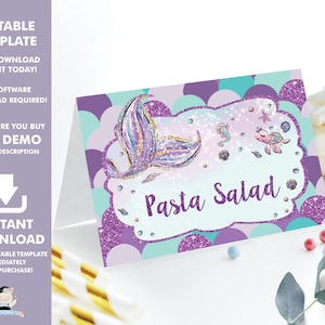 EDITABLE TEMPLATE Mermaid Tail Food Tents, Food Labels, Place Cards, 1st Birthday, Baby Shower Printable, Under the Sea, Pool, INSTANT, MT2