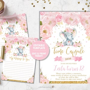 Cápsula do tempo do elefante e cartão de mensagem, festa de primeiro aniversário, elefante para impressão, aquarela blush rosa floral, primeiro, dourado, flores rosas, EP5