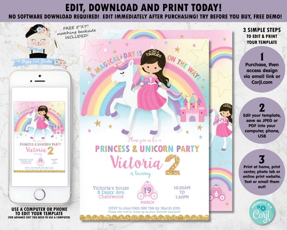 Princess and Unicorn Birthday Party Invitation, Unicorn and Princess Invitation, Unicorn Printable, Princess Instant EDITABLE TEMPLATE, PU1 Il_570xn