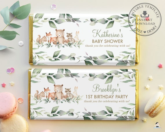 EDITABLE TEMPLATE, Woodland Animals Greenery Baby Shower Birthday Chocolate Bar Wrappers, Hershey's Aldi Favor Printable Gender Neutral WG12 Il_570xn