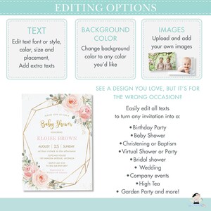 May include: A baby shower invitation with a gold geometric frame and floral accents. The invitation includes the text "Baby Shower" and details for Eloise Brown's shower, including date, time, and location. Editing options are also displayed.