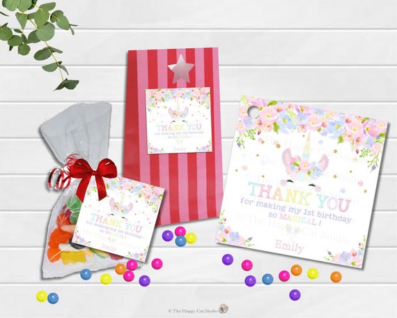 Unicorn Personalized Thank You Tags, Favor, Gift Labels, Smiley Face, Printable, Digital, Rainbow Birthday Party, Girls, Lolly, Loot Bag Il_570xn