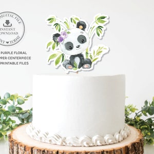 Bonito Panda Roxo Floral Verdura Bolo Topper DOWNLOAD INSTANTÂNEO Panda Urso Cub Bambu Folhagem Arquivos para Impressão Festa de Aniversário de Chá de Bebê PA3