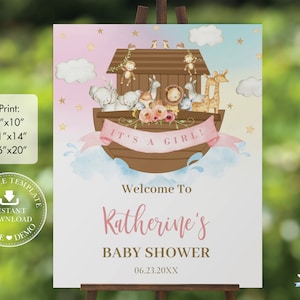 Noah&#39;s Ark Welcome Sign, EDITABLE TEMPLATE, Chic Rainbow Noahs Ark Cute Animals Baby Shower Birthday Poster Decoration INSTANT Download NA2