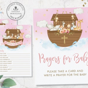 Biglietto di auguri e messaggio per l'Arca di Noè MODELLO MODIFICABILE Ragazza rosa Baby Shower Battesimo Compleanno Simpatici animali Attività stampabile NA2