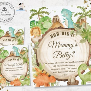 Hoe groot is mama's buik sign kaart, INSTANT DOWNLOAD, vriendelijke schattige kleurrijke dinosaurussen T-Rex Bronto baby douche activiteit spel afdrukbaar, DS1
