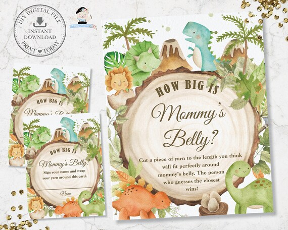 How Big is Mommy's Belly Sign Card, INSTANT DOWNLOAD, Friendly Cute Colorful Dinosaurs T-Rex Bronto Baby Shower Activity Game Printable, DS1 Il_570xn