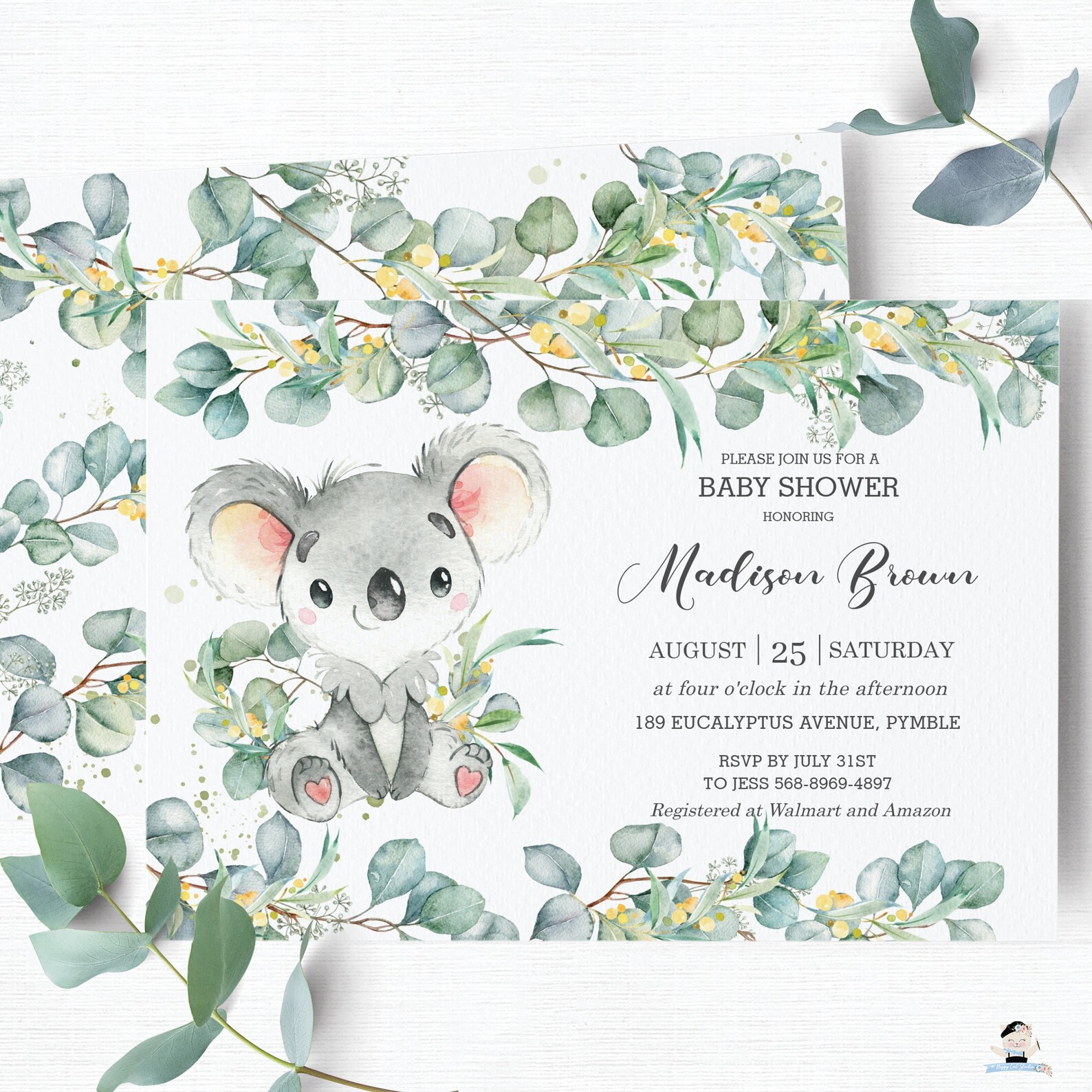 Cute Koala Baby Shower Invitation, EDITABLE TEMPLATE, Rustic Eucalyptus ...